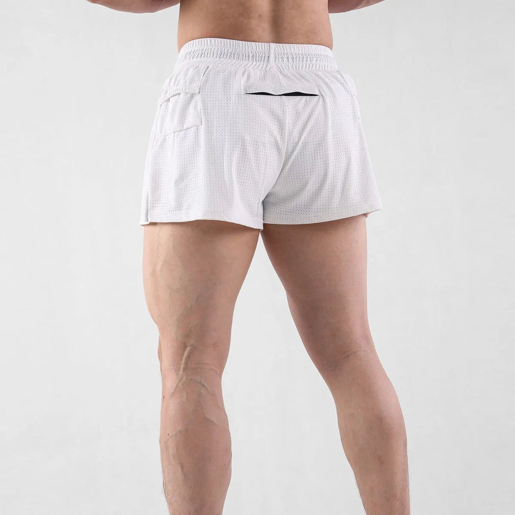 Men's black and white nylon quick-drying summer shorts on a size chart