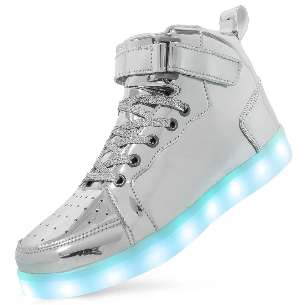 LED light-up high-top sneakers in black with velcro strap and glowing soles.