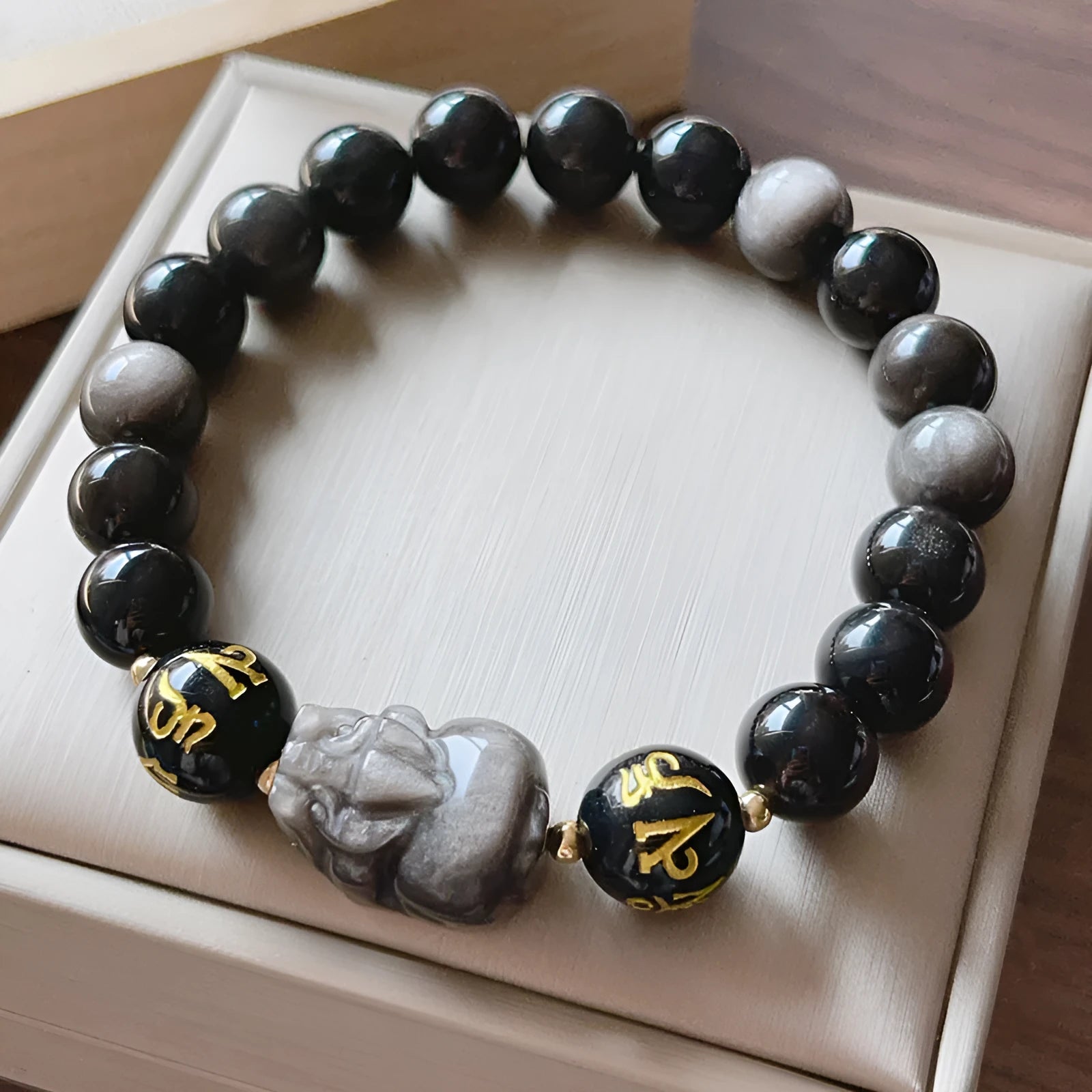 Men's Silver Stone bracelet with zodiac symbols and proverb beading in Chinese style design