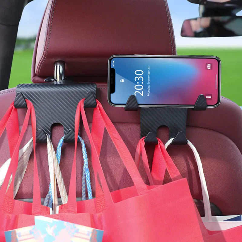 Black ABS plastic car hook bracket with integrated phone holder, shown from the side.