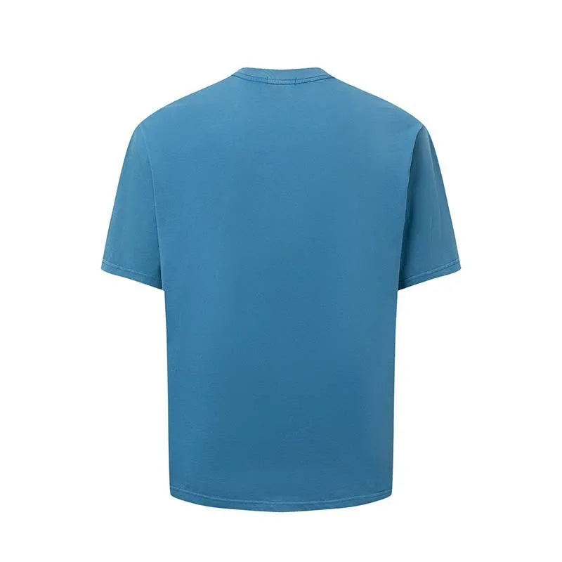 Men's white American retro t-shirt with blue printed letter design, loose fit round neck