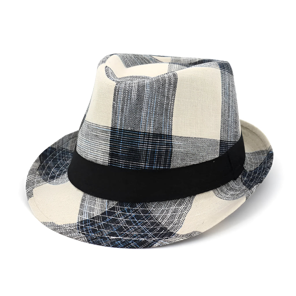 Blue and black polyester straw hat with bell-shaped crown and 4.5cm brim for sun protection