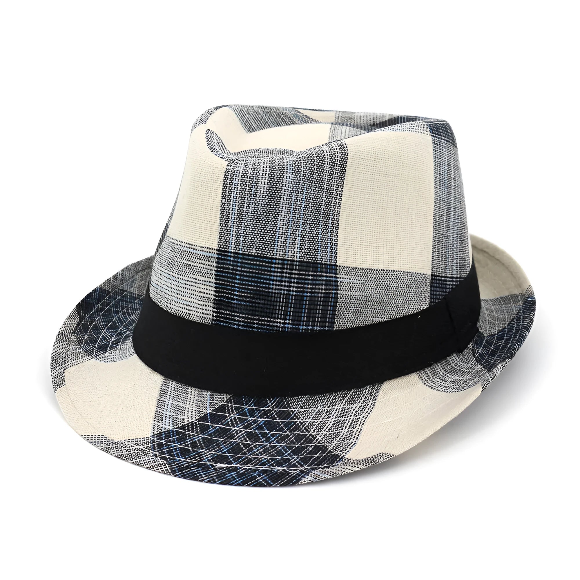 Blue and black polyester straw hat with bell-shaped crown and 4.5cm brim for sun protection