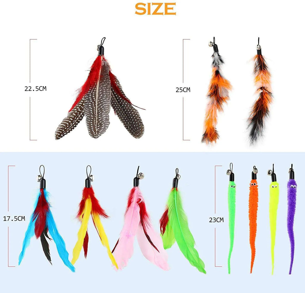 Three-section cat fishing rod with feather teaser and ten replacement heads in packaging