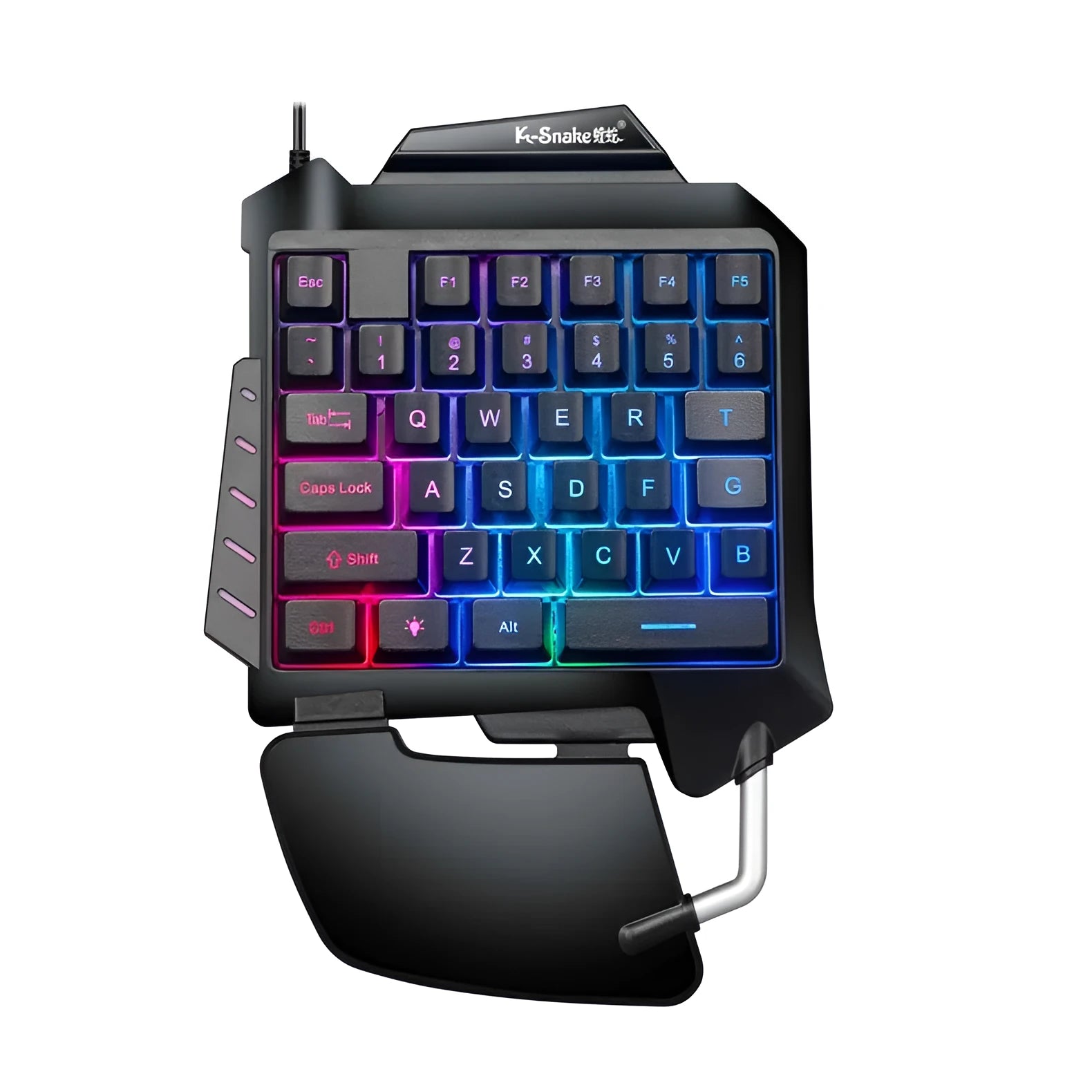 Black left-hand one-handed gaming keyboard for desktop PC with compact layout and USB cable.
