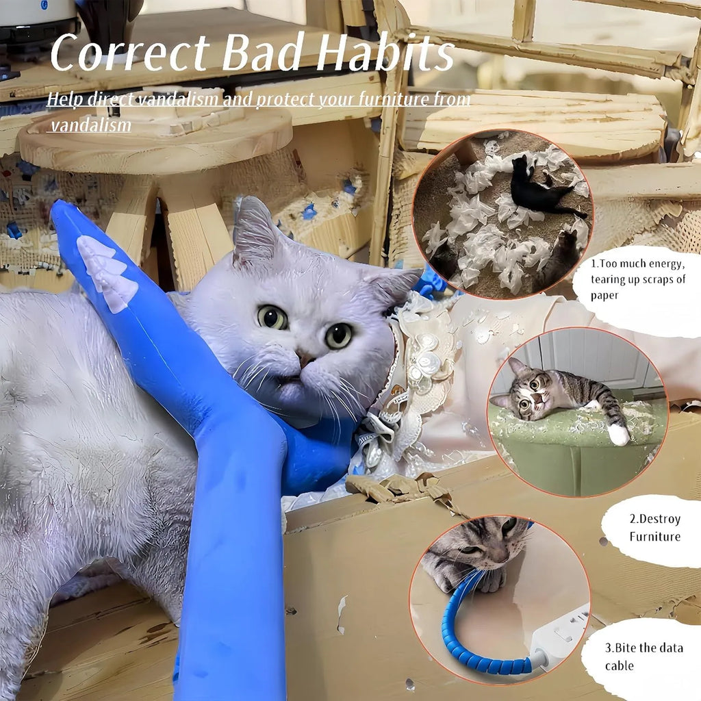 Blue plush cat wand toy with Chikawa cat head on a 70 cm long stick for interactive pet play.
