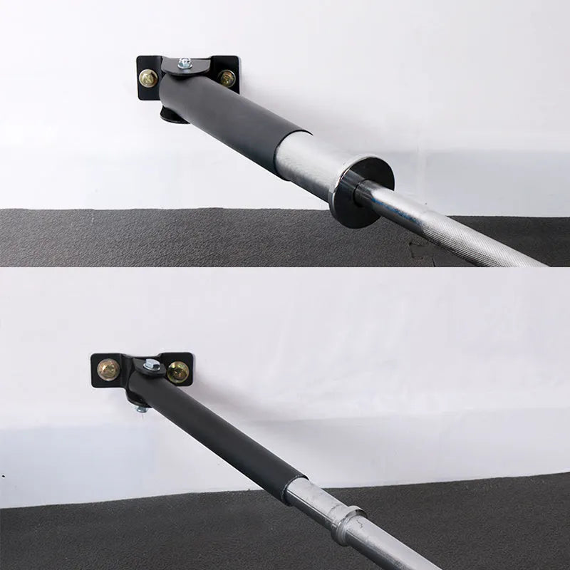 Wall-mounted steel barbell storage rack with 25 vertical holding tubes.