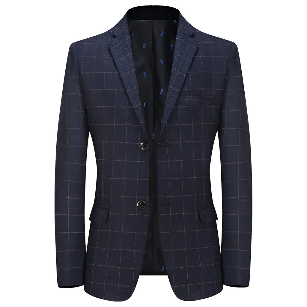 Men's loose fit plaid leisure coat in blue with patch pockets, long sleeves, and straight hem