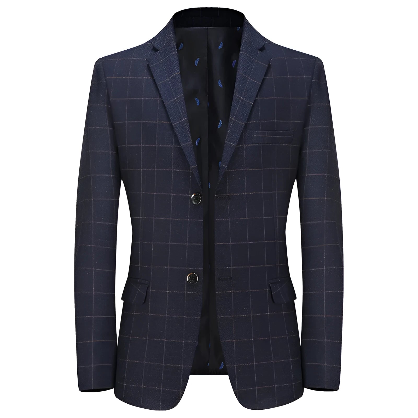 Men's loose fit plaid leisure coat in blue with patch pockets, long sleeves, and straight hem