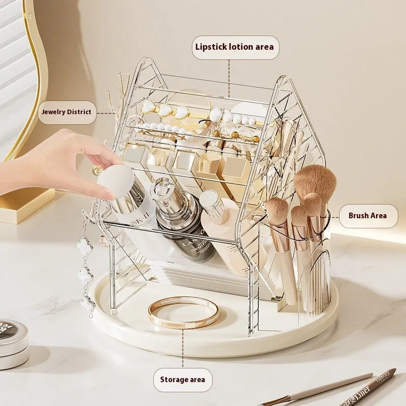 Rotating cosmetics storage box in clear or Amber Gold with 360° rotation mechanism