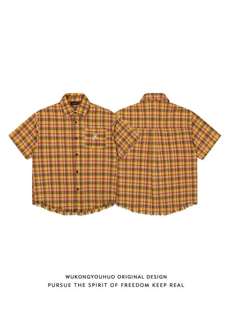 Yellow grid plaid short sleeve shirt with embroidered chest pocket, loose fit casual button-up style