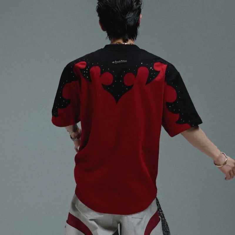 Men's cotton t-shirt with burnt flower rhinestone stitching and three-dimensional embroidery design in red colour