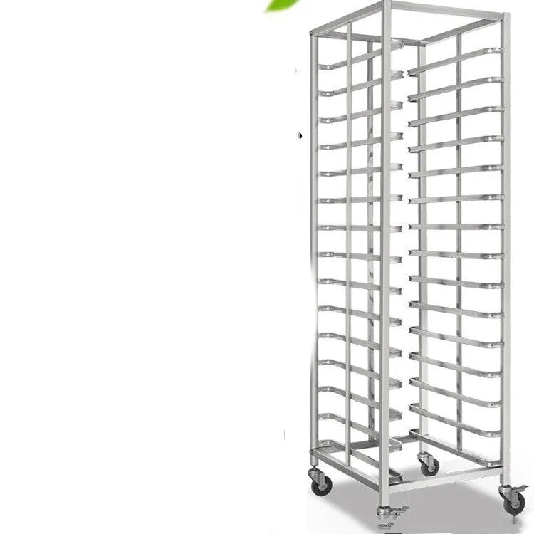 Six-layer stainless steel cake cooling rack with large rectangular tray and locking mechanism.