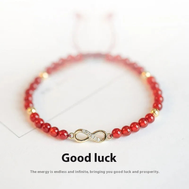 Hand-woven red agate bracelet with diamond beads in ethnic woven pattern