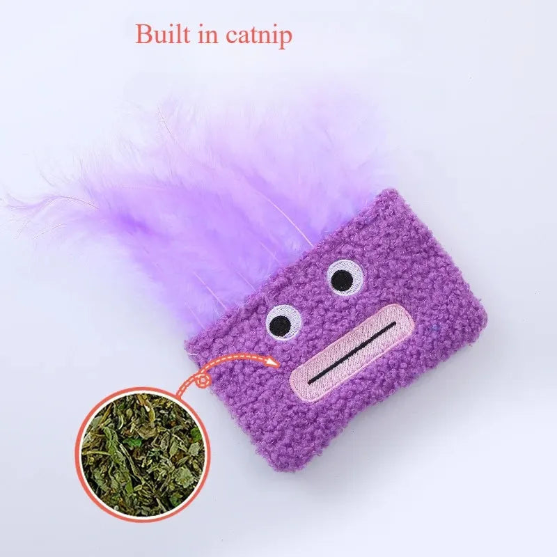 Colourful catnip plush toy with explosion head shape in blue, green, orange, and purple options