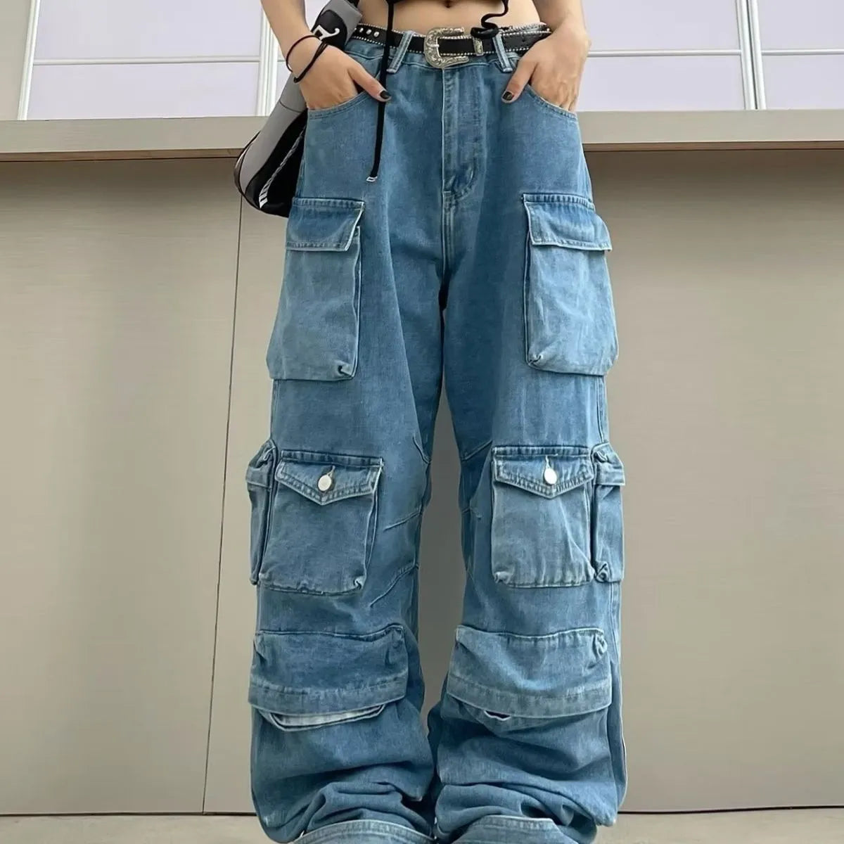 Women's blue tie-dyed high waist wide leg trousers with multiple pockets and street hipster styling