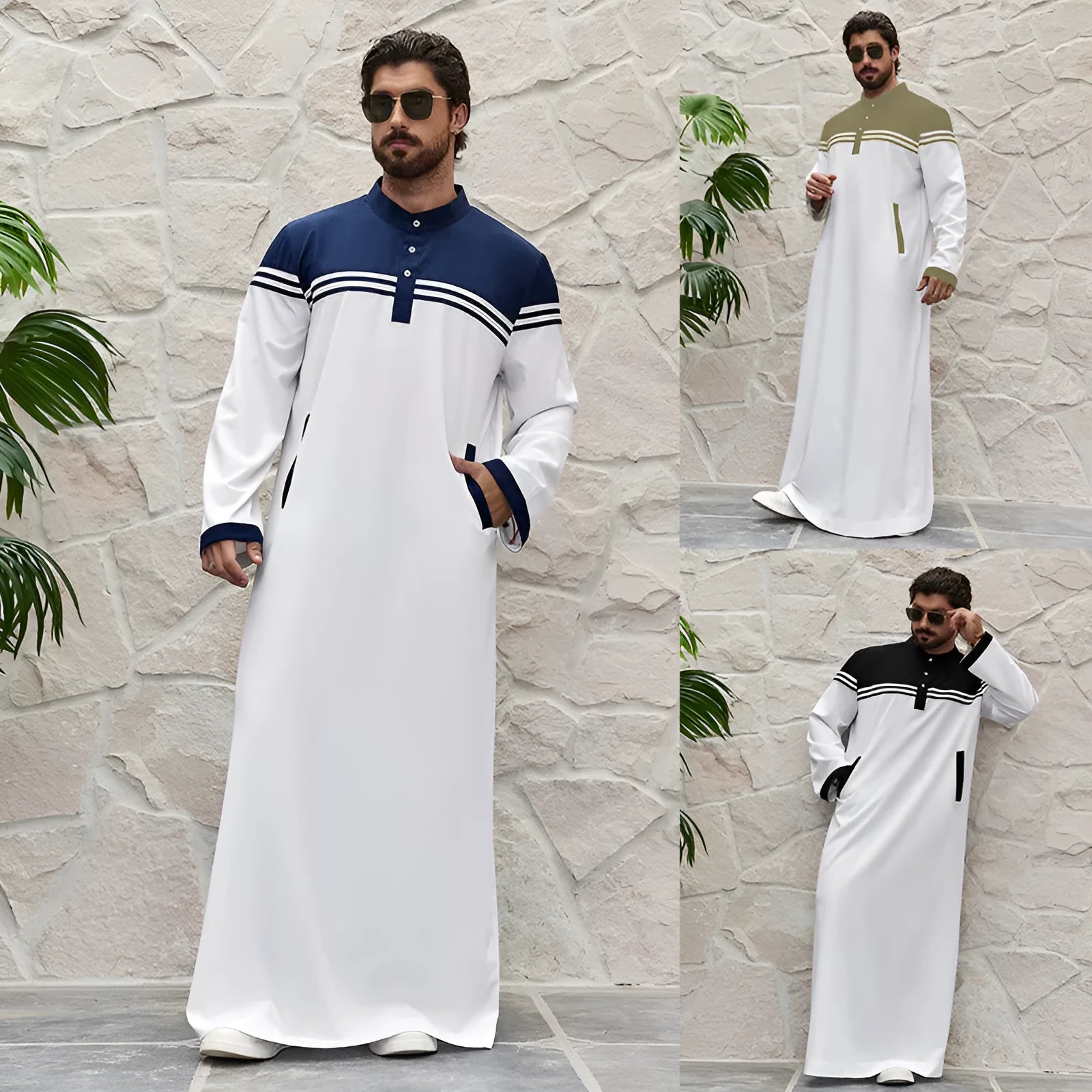 Men's blue colour contrast patchwork shirt robe made from lightweight polyester fabric for summer casual wear