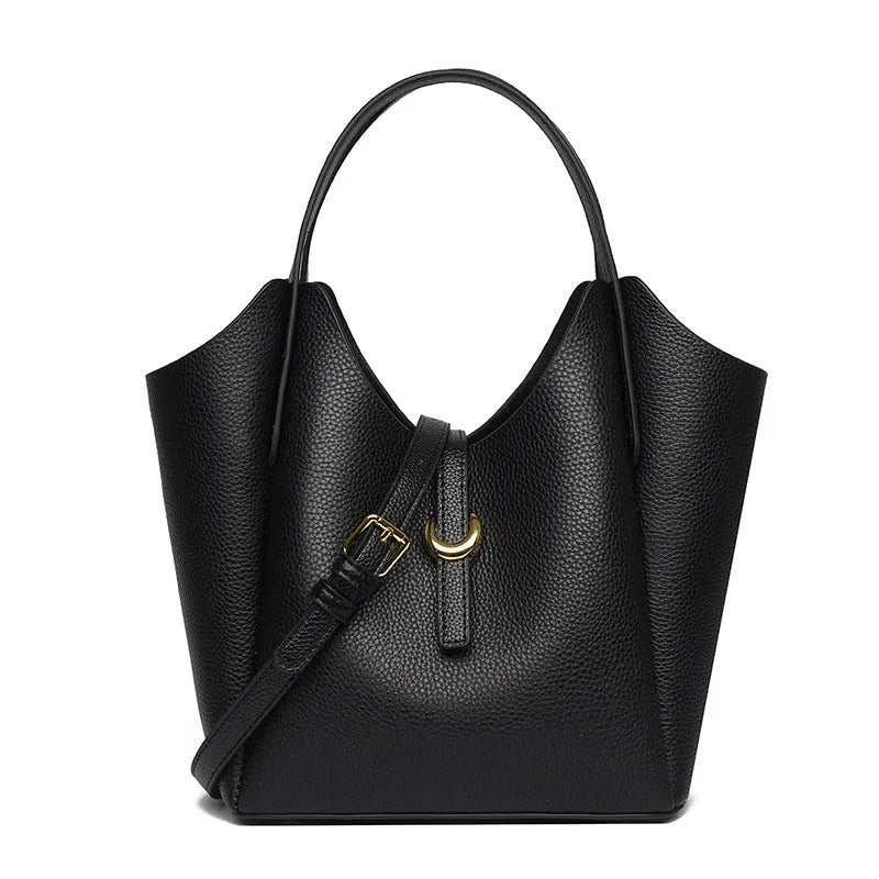Genuine leather women's hand holding bucket bag in retro style with file bag interior