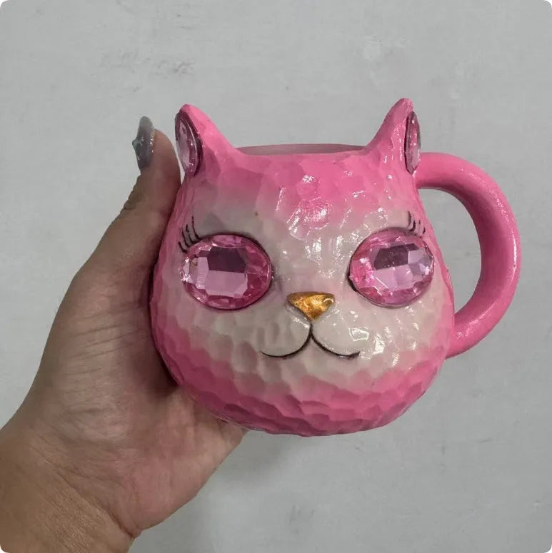 American style decorative resin cat cup available in blue, green, pink and purple colours.