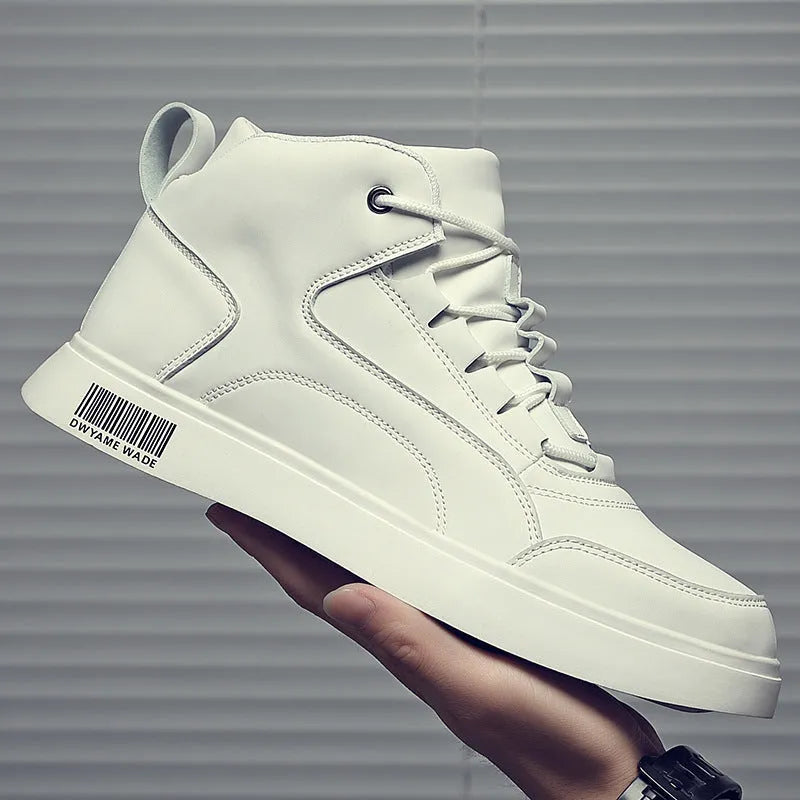 Men's white mid-top casual sports shoes with a rubber sole and lace-up front.
