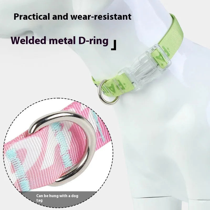 Adjustable nylon dog collar with cartoon gradient printing in gradient colour or panda green, sizes S M L.