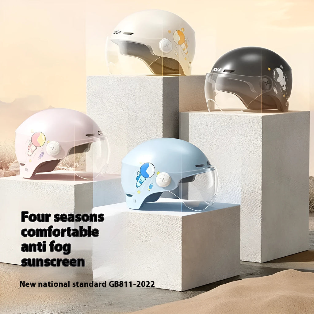 Khaki coloured electric motorcycle half helmet with interchangeable glasses options for commuting