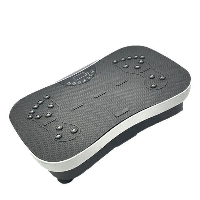 Black and pink vibration plate fitness machine with wireless remote control on a home floor.