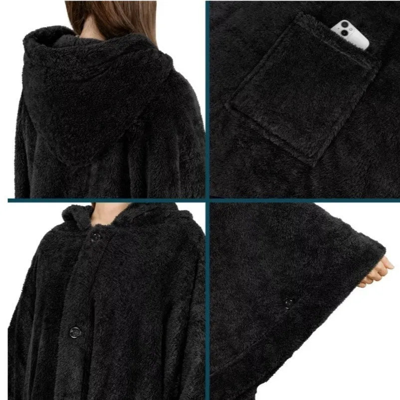 Thickened polyester hooded bathrobe in black, shown on a hanger