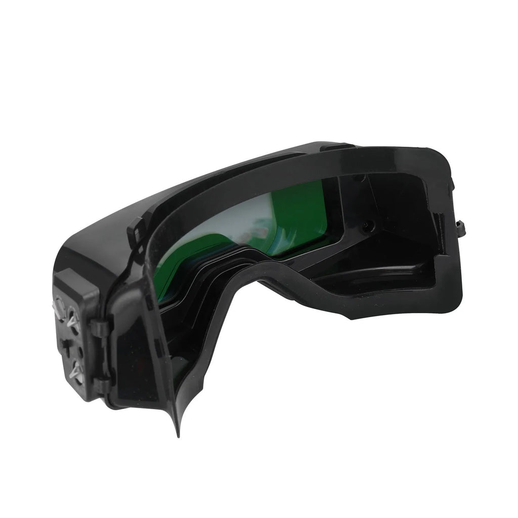 Black automatic darkening welding mask with large viewing lens and headstrap.