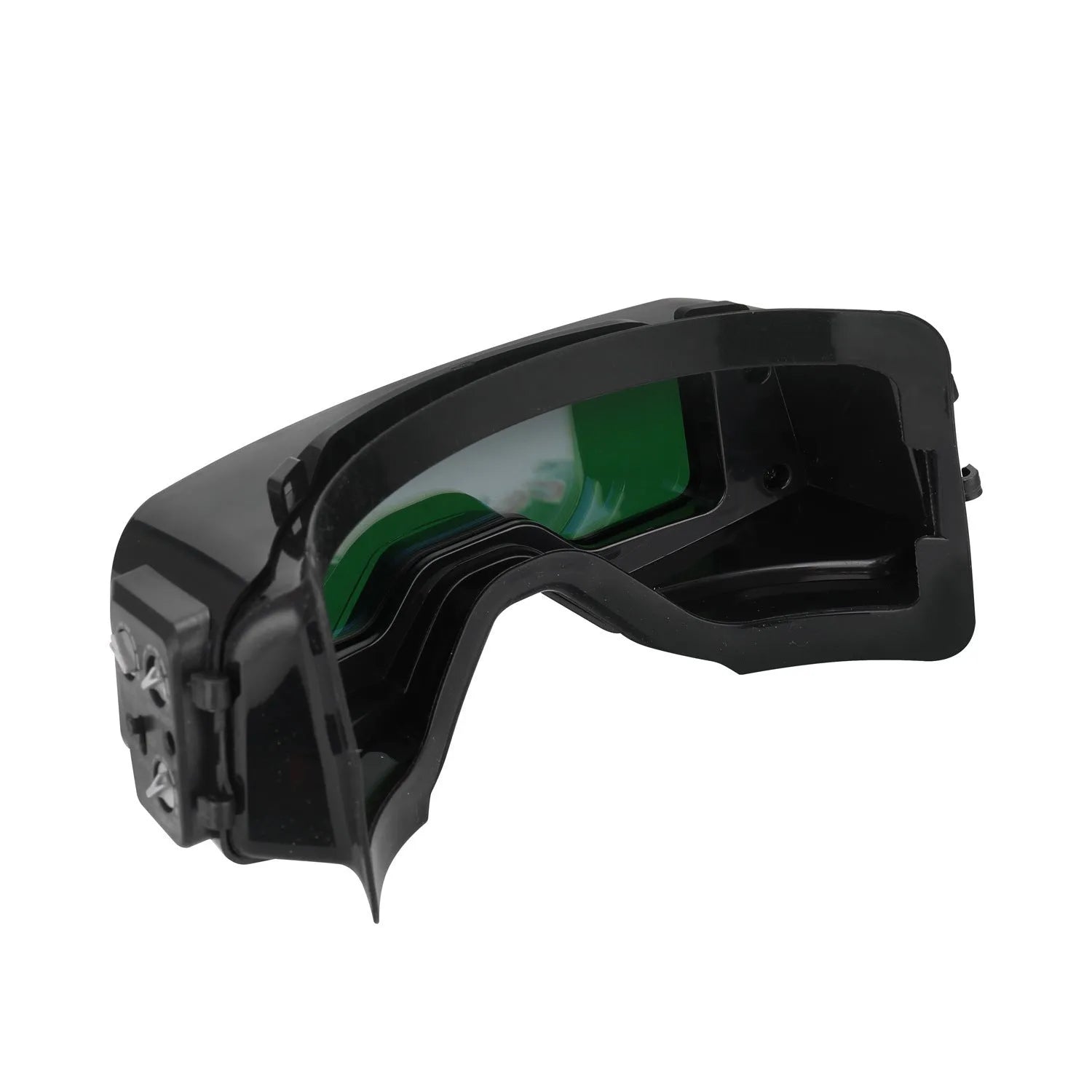 Black automatic darkening welding mask with large viewing lens and headstrap.