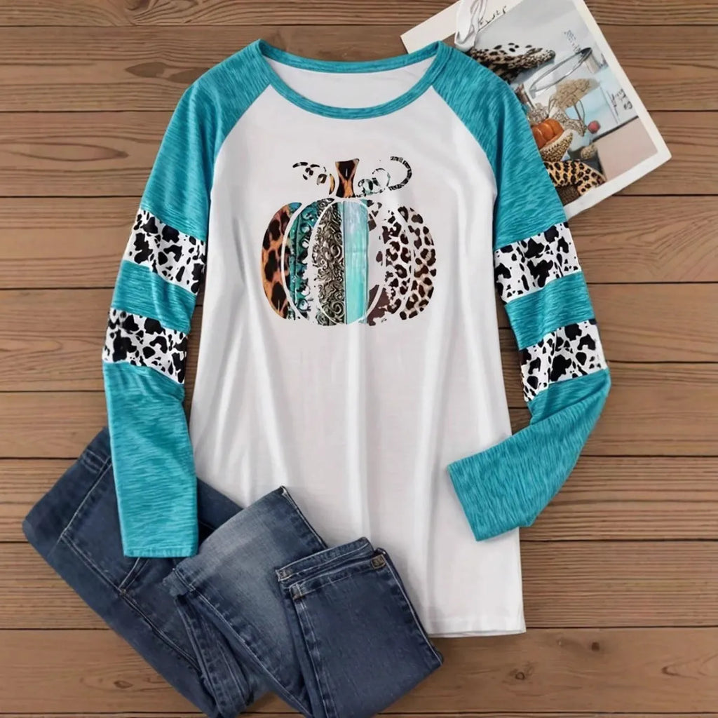Sky blue Halloween T-shirt with detailed pumpkin digital print showing front view