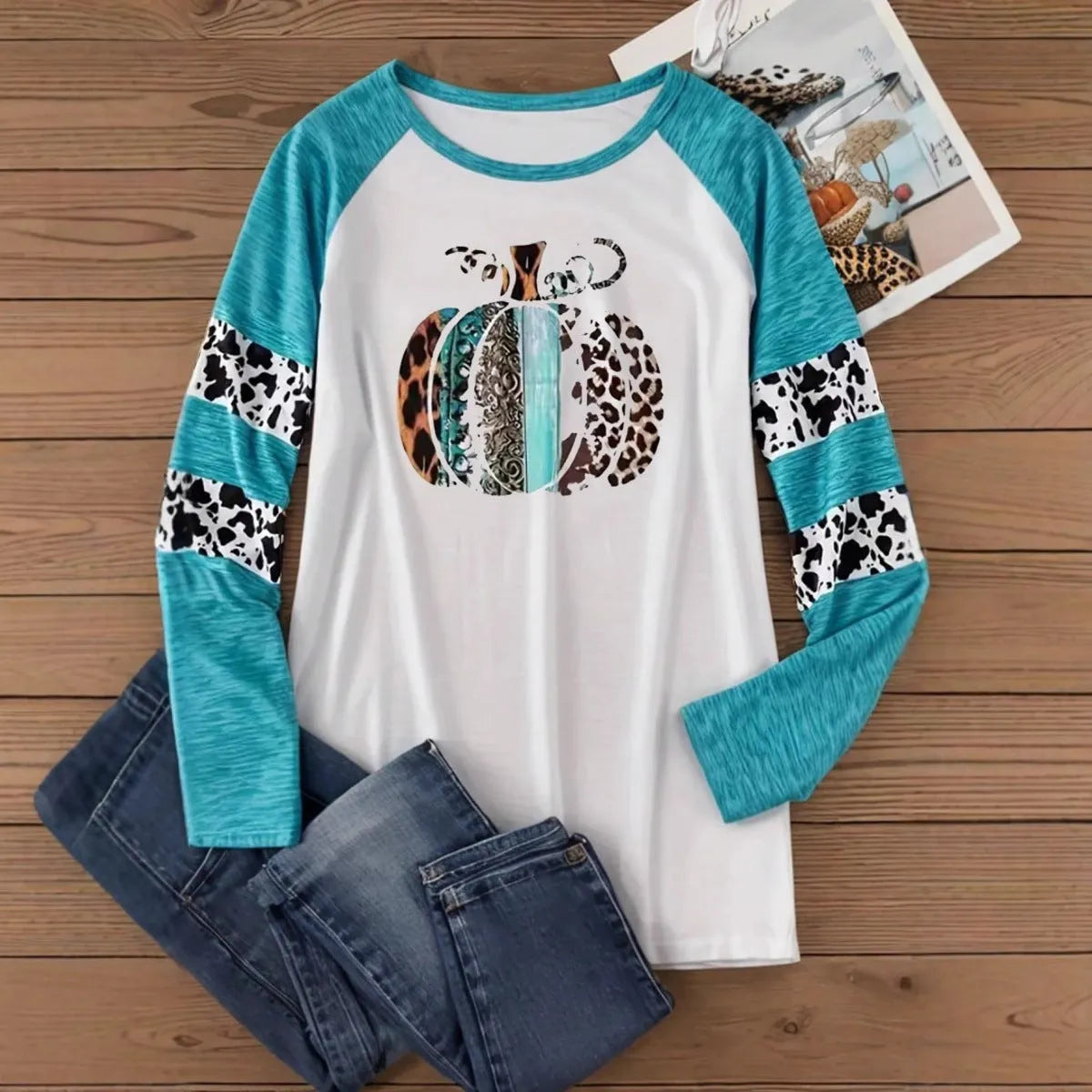 Sky blue Halloween T-shirt with detailed pumpkin digital print showing front view