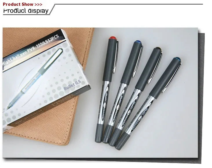 Water-based quick-drying signature pen with 0.5mm fine tip, plastic shell, shown in black, blue, ink blue, and red ink options