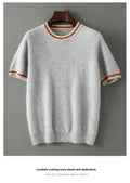 Men's grey pure wool short sleeve round neck pullover sweater laid flat