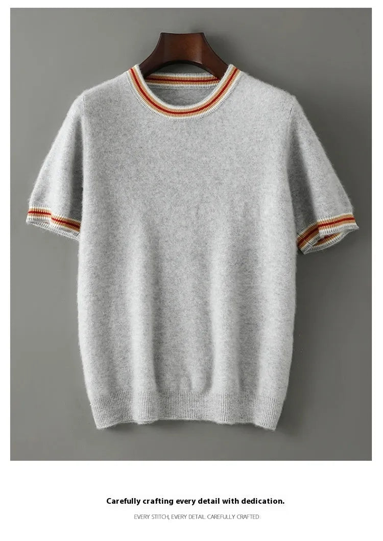 Men's grey pure wool short sleeve round neck pullover sweater laid flat