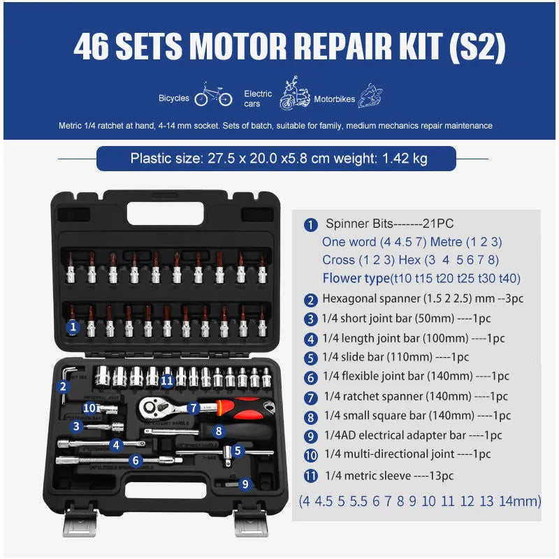 46-piece chromium vanadium steel socket ratchet wrench set with nickel plating for automotive repair