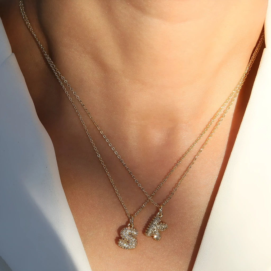Brass micro-inlaid balloon bubble letter necklace on copper chain with matching bracelet, 2mm pendant
