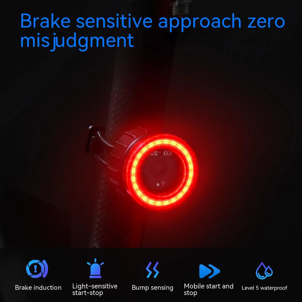 Black intelligent induction brake taillight for bicycles with aluminium alloy construction and dual mounting brackets
