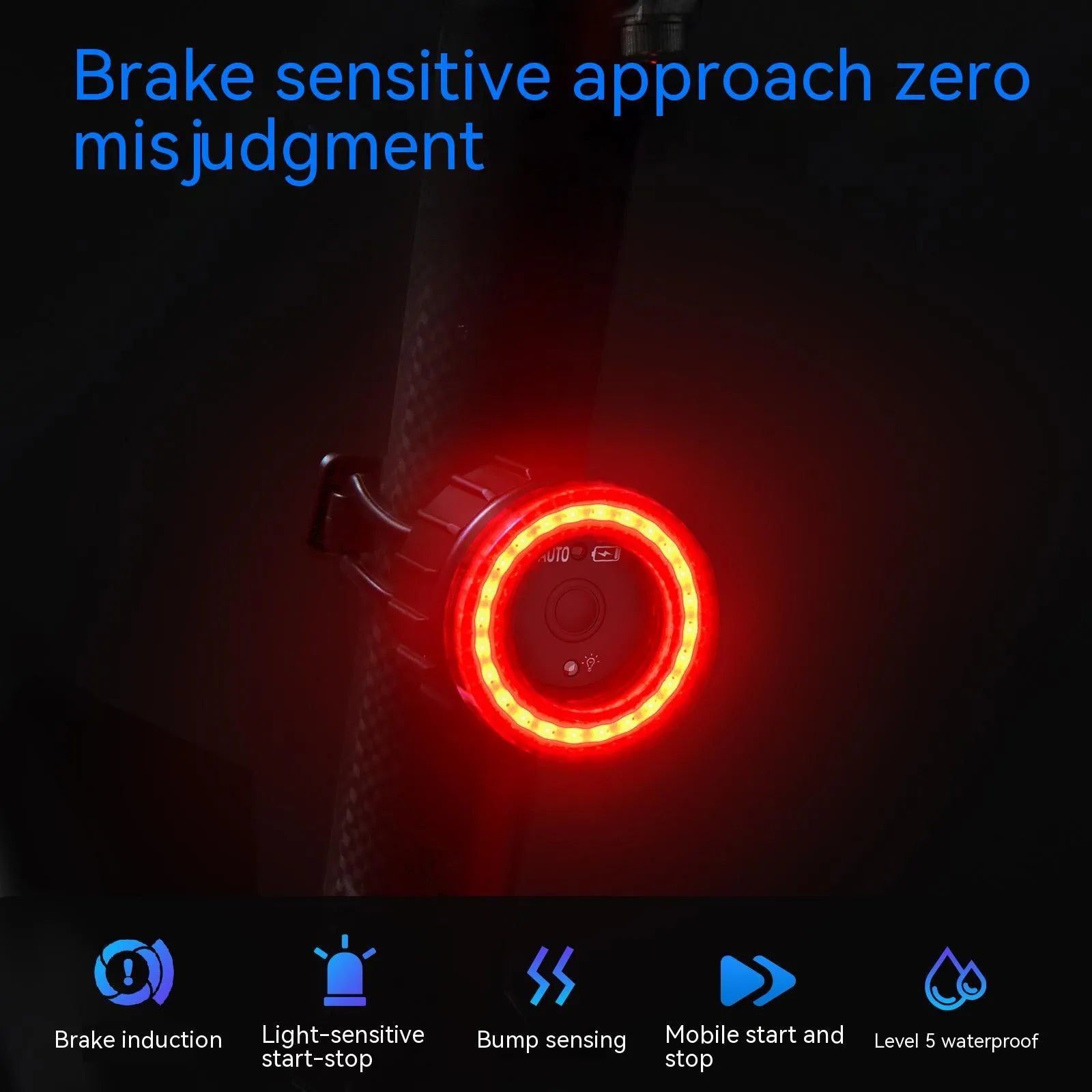 Black intelligent induction brake taillight for bicycles with aluminium alloy construction and dual mounting brackets