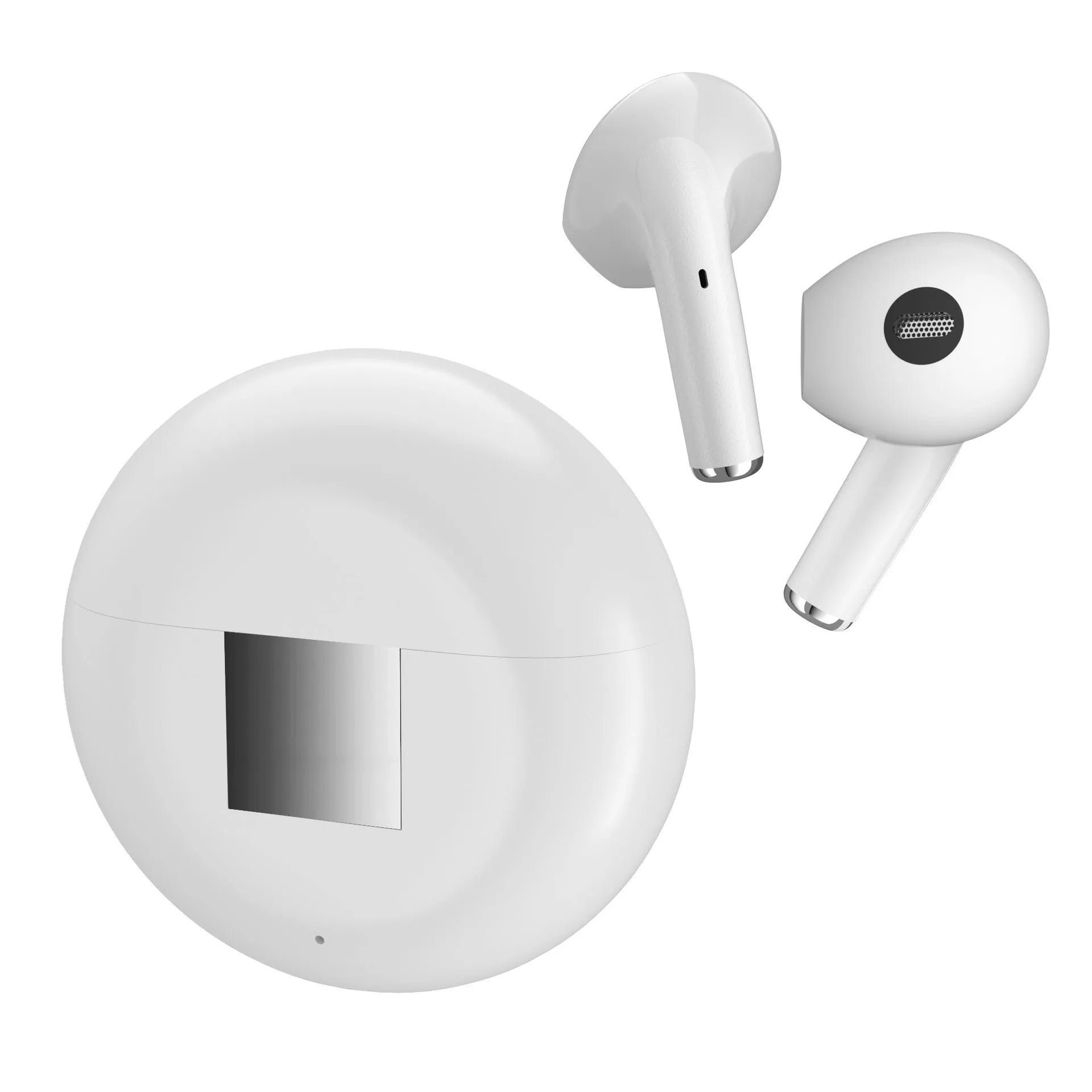 White Budz5 wireless Bluetooth earbuds with semi-in-ear design and matching charging case.
