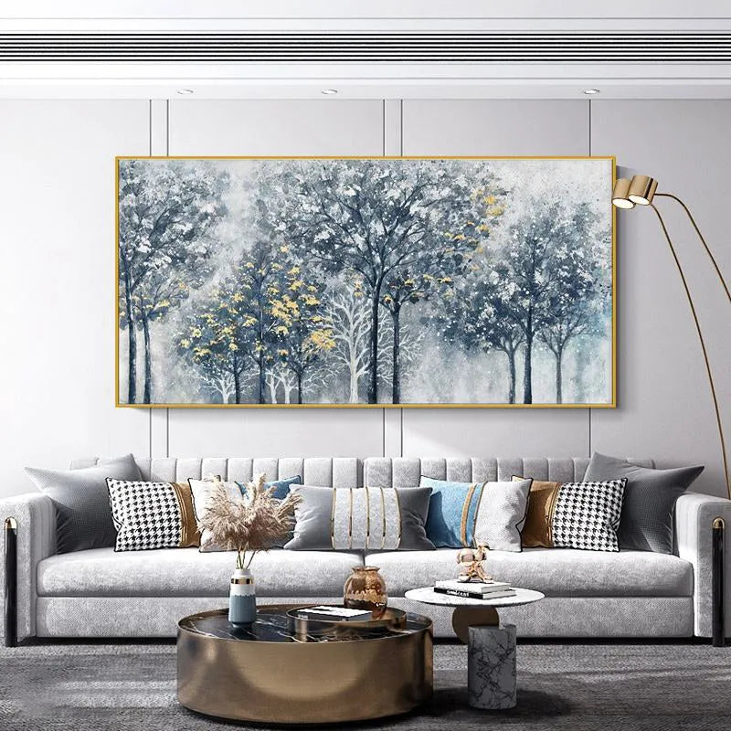 Handmade abstract silver-gray blue golden forest tree texture oil painting on canvas horizontal