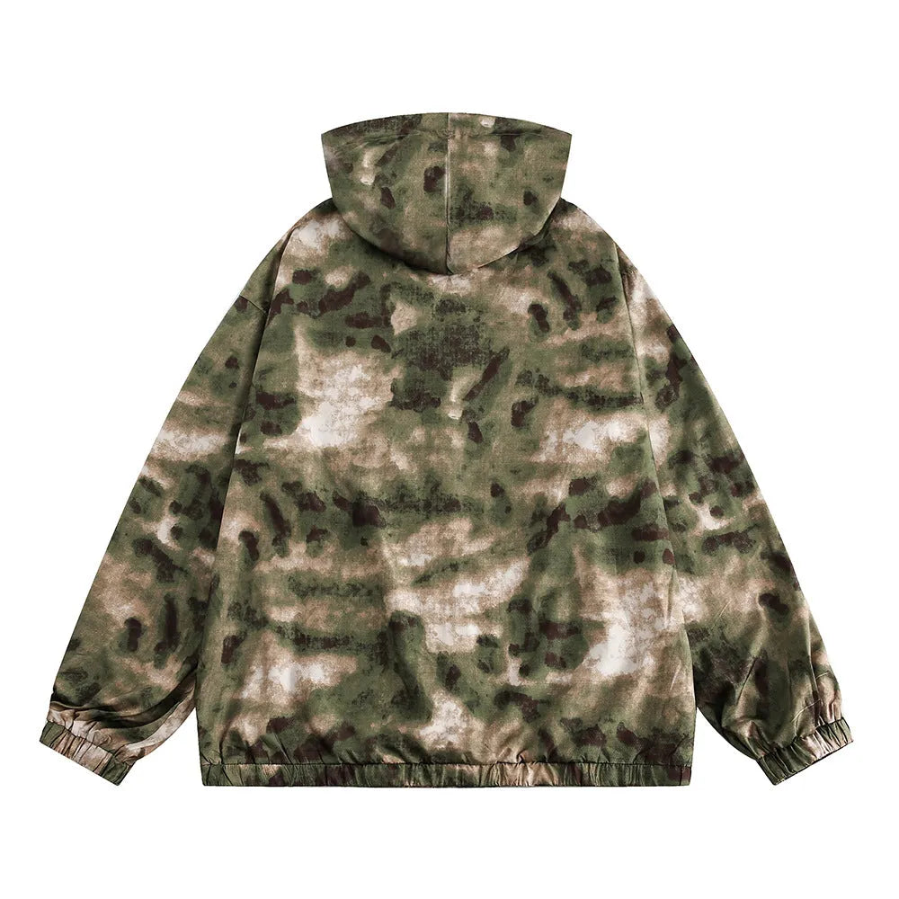 Hooded camouflage sun protection jacket for men, loose fit polyester fibre, shown in camouflage colour.