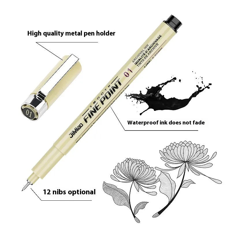 Waterproof black syringe-style drawing pen with a plastic body, shown for scale.