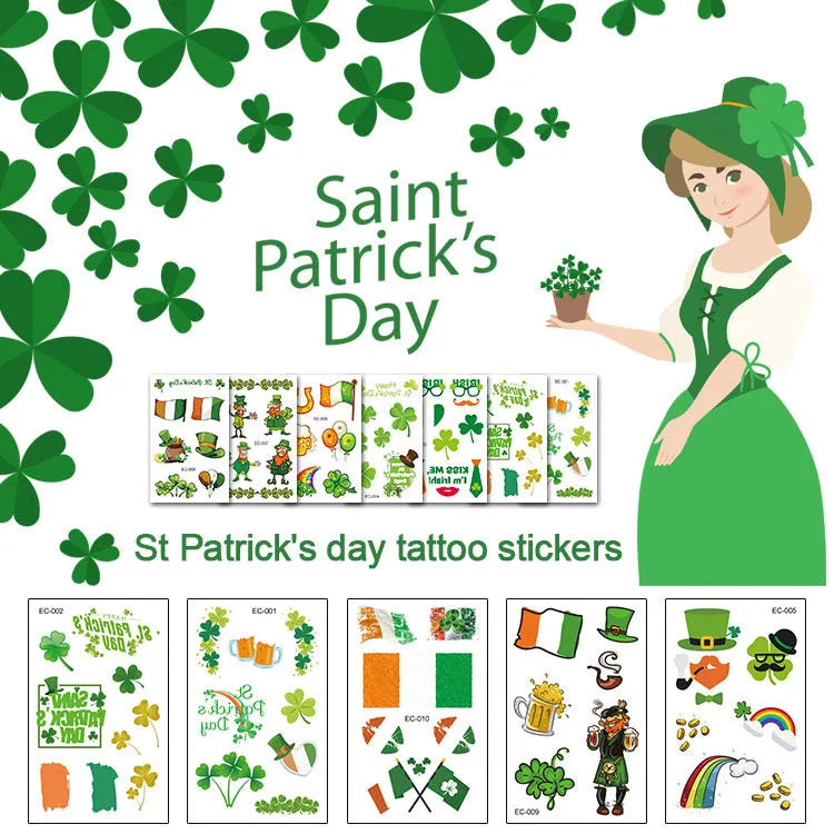 Irish festival temporary tattoo sticker with St. Patrick's Day shamrock design measuring 120×75mm