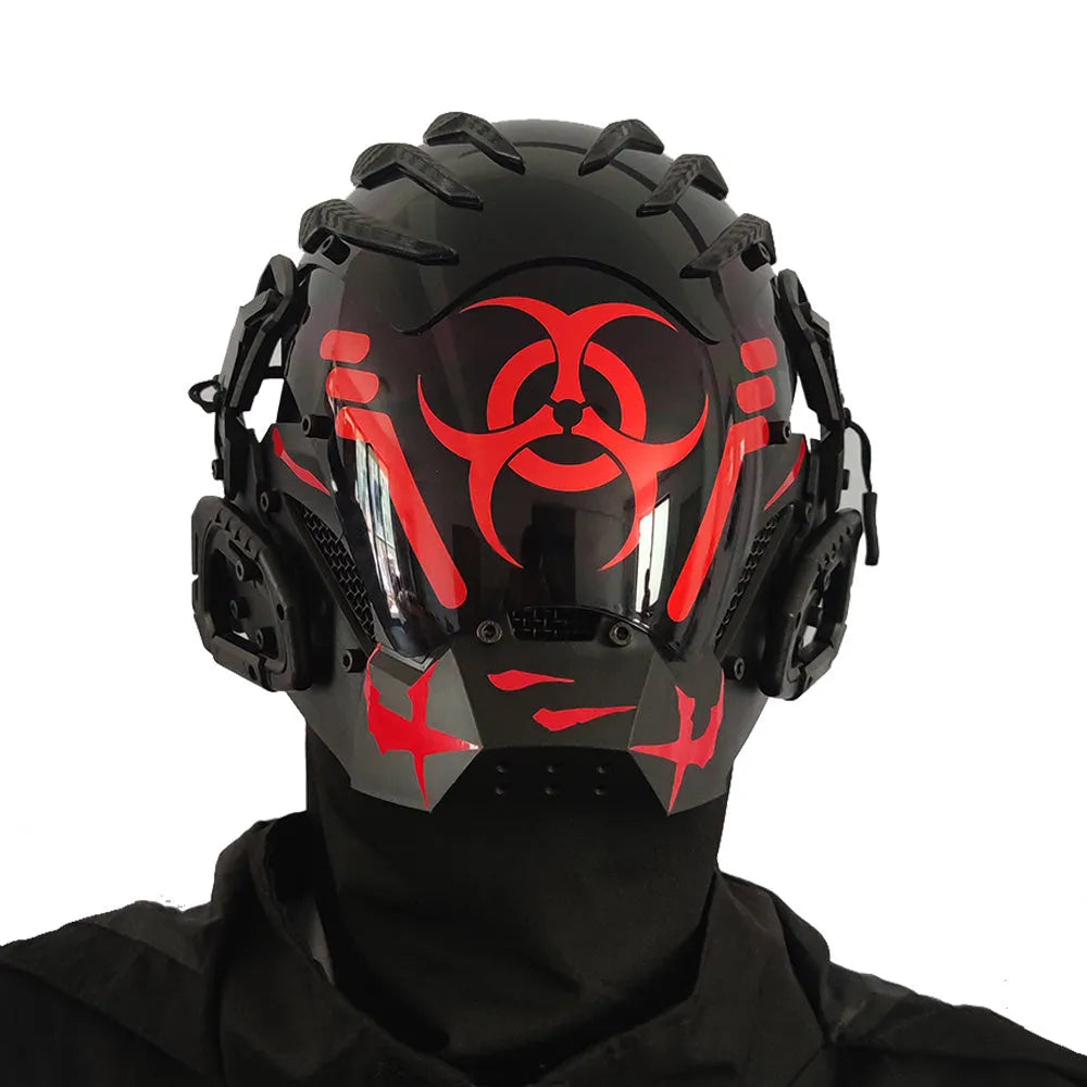Black cyborg-style full face prop mask helmet with bioweapon design on a white background.