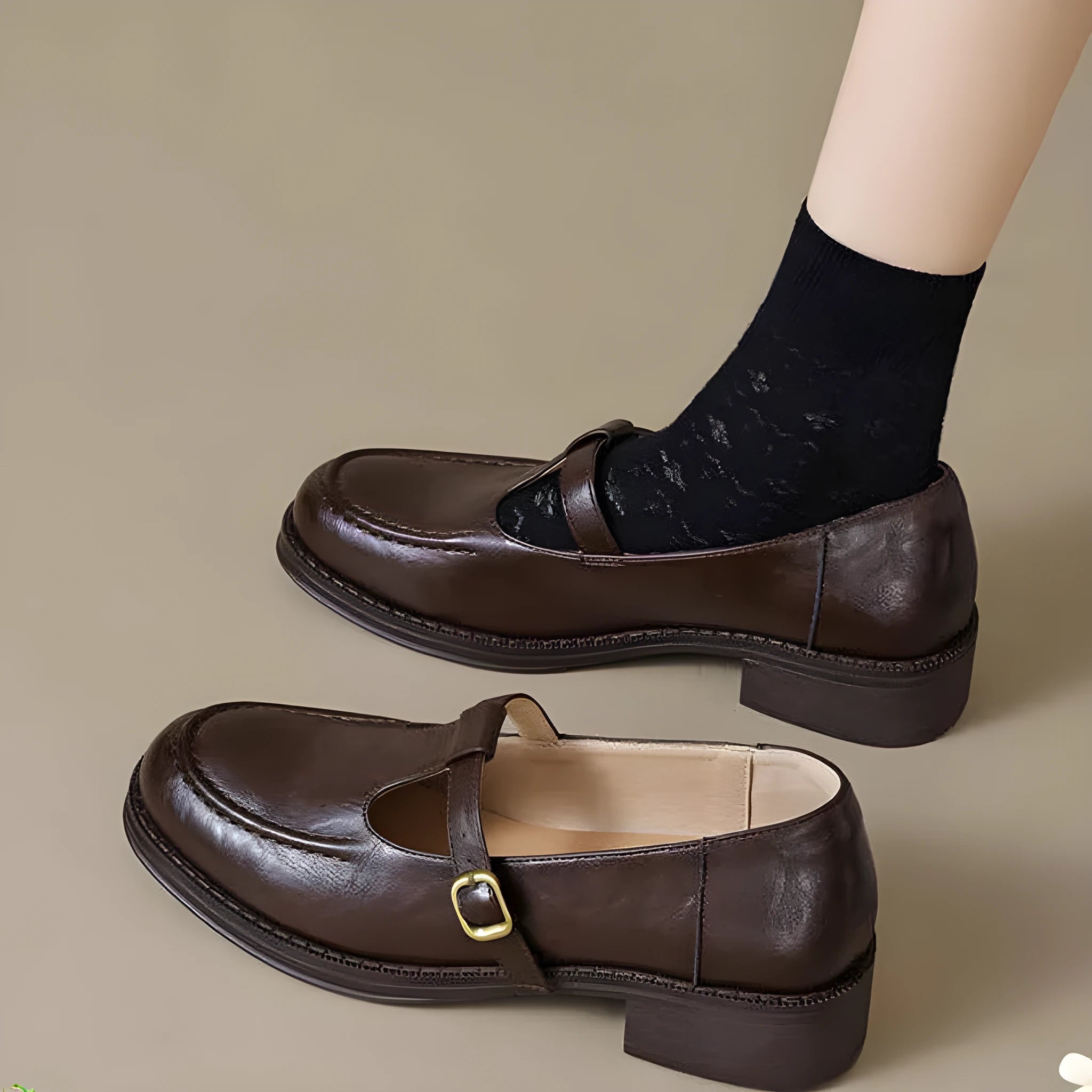 Women's black commuter French platform leather shoes with round toe and buckle on rubber sole