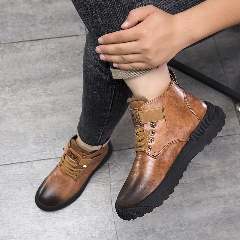 Men's high-top Martin boots in black with warm velvet lining, rubber sole, and visible sewing thread details.