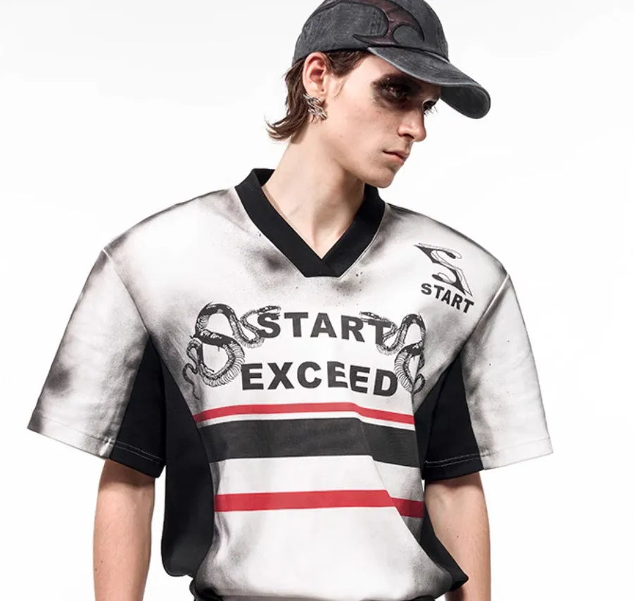 Korean style V-neck top with snake pattern lettering print and padded shoulder details