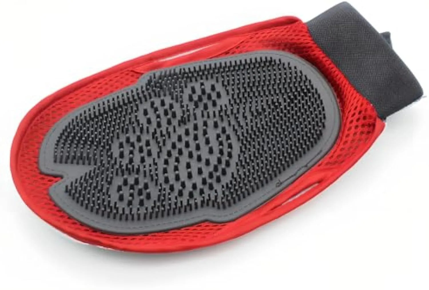 Red pet bathing glove combining brush and glove design for dog and cat grooming