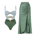 Women's high waist bikini swimsuit in yellow split style and green one-piece, made from nylon fabric.
